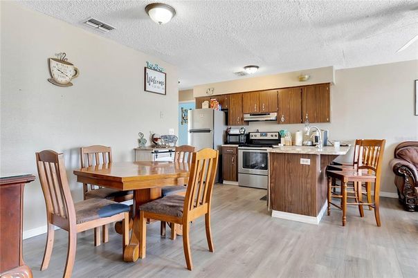 Dining room, Interior, Kitchen, Stainless Steel Appliances, Wood Texture Flooring