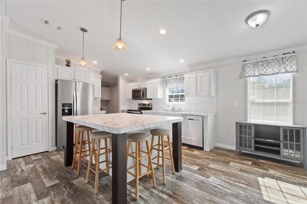 Interior, Kitchen, Pendant Lights, Recessed Lighting, Stainless Steel Appliances, Wood Texture Flooring