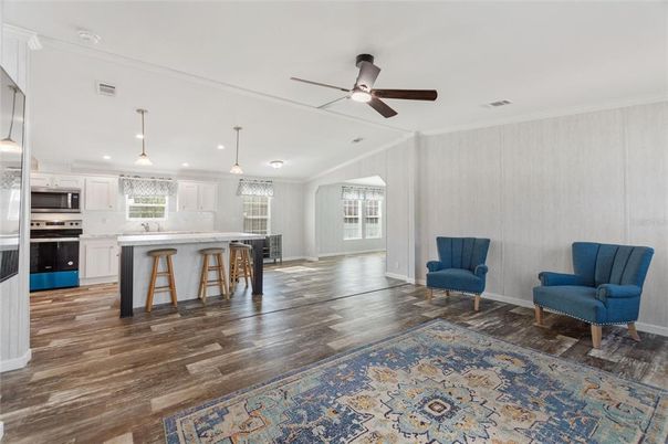 Interior, Kitchen, Pendant Lights, Recessed Lighting, Stainless Steel Appliances, Wood Texture Flooring