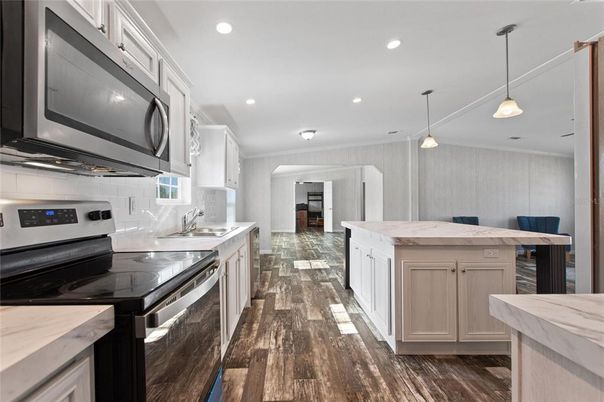 Interior, Kitchen, Pendant Lights, Recessed Lighting, Stainless Steel Appliances, Wood Texture Flooring