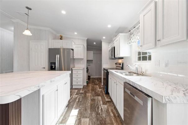 Interior, Kitchen, Pendant Lights, Recessed Lighting, Stainless Steel Appliances, Wood Texture Flooring