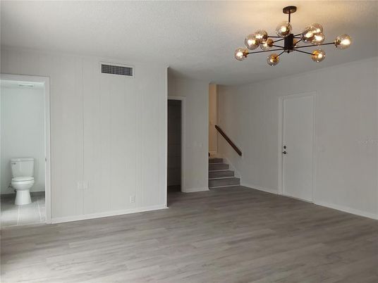 Empty room, Interior, Pendant Lights, Wood Texture Flooring