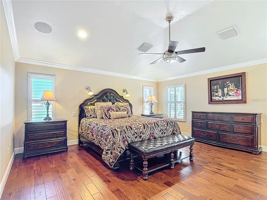 Bedroom, Interior, Recessed Lighting, Wood Texture Flooring