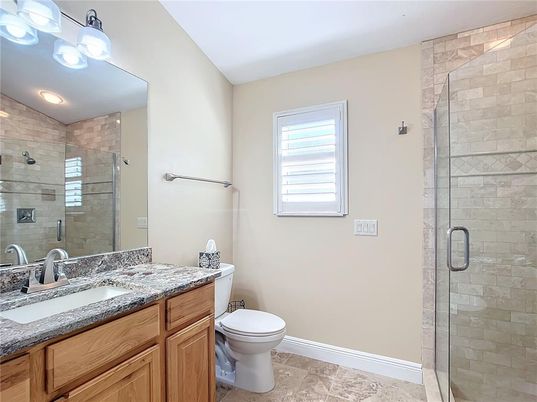 Bathroom, Glass Shower, Interior, Recessed Lighting, Stone Walls