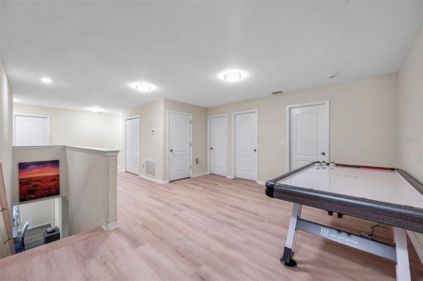 Billiard Table, Game Room, Interior, Recessed Lighting, Wood Texture Flooring