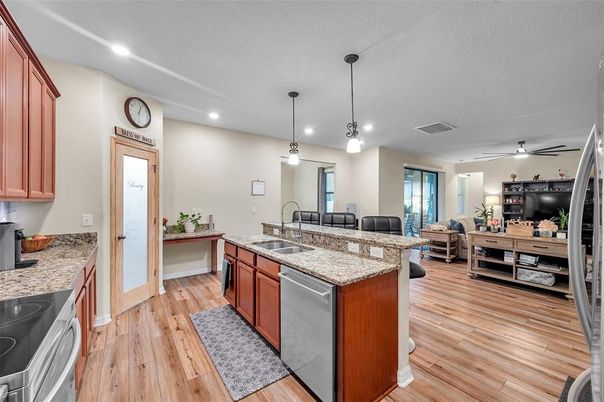 Interior, Kitchen, Pendant Lights, Recessed Lighting, Wood Texture Flooring
