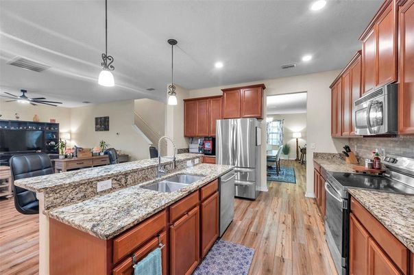 Interior, Kitchen, Living room, Pendant Lights, Recessed Lighting, Stainless Steel Appliances, Wood Texture Flooring