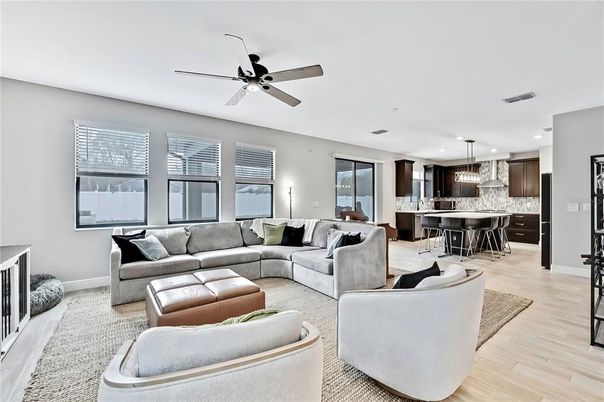 Interior, Kitchen, Living room, Pendant Lights, Recessed Lighting, Wood Texture Flooring