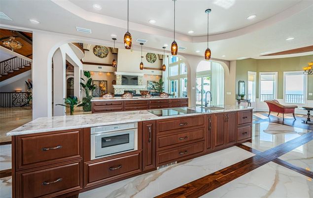 Interior, Kitchen, Living room, Marble, Pendant Lights, Recessed Lighting, Stainless Steel Appliances
