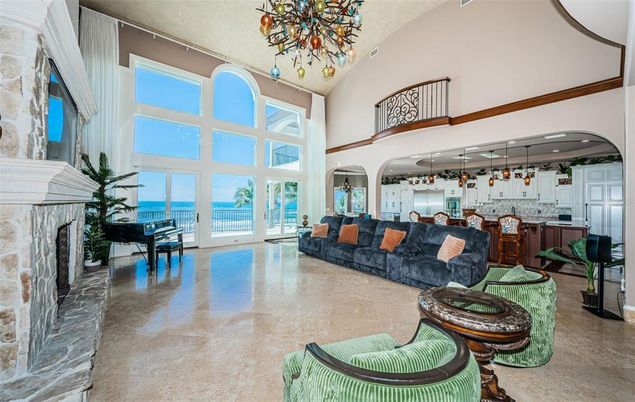 Chandelier, Fireplace, Interior, Kitchen, Living room, Pendant Lights, Recessed Lighting, Water