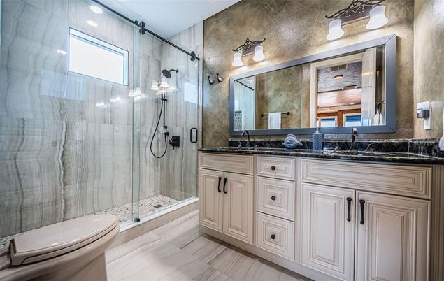 Bathroom, Dual Sink Vanities, Glass Shower, Interior, Recessed Lighting