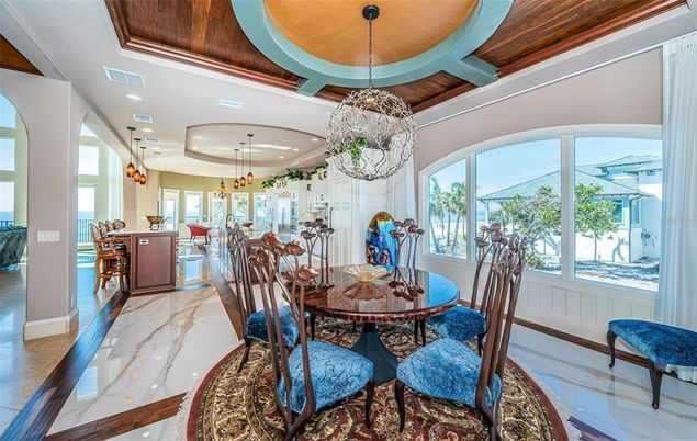 Dining room, Interior, Marble, Pendant Lights, Recessed Lighting, Wooden Ceilings
