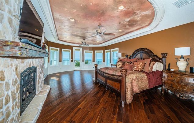 Bedroom, Fireplace, Interior, Recessed Lighting, Wood Texture Flooring