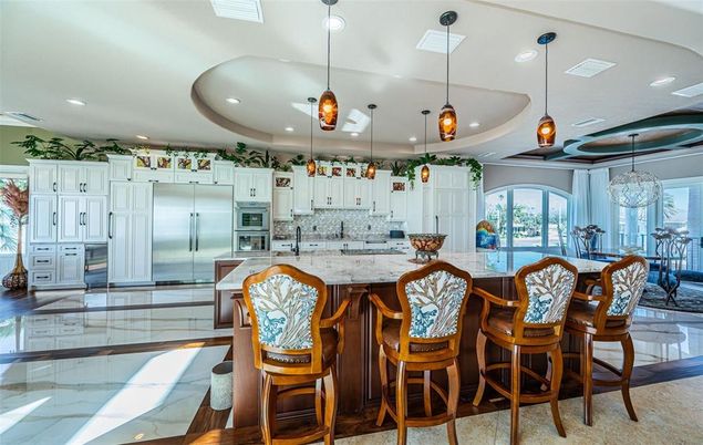 Interior, Kitchen, Marble, Pendant Lights, Recessed Lighting, Stainless Steel Appliances