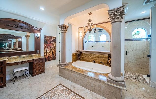 Bathroom, Chandelier, Interior, Marble, Recessed Lighting
