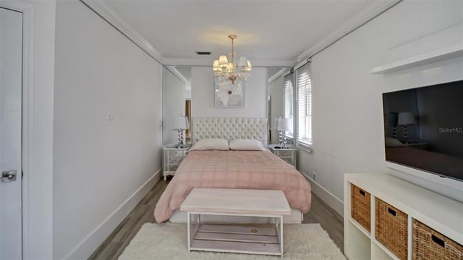 Bedroom, Chandelier, Interior, Wood Texture Flooring