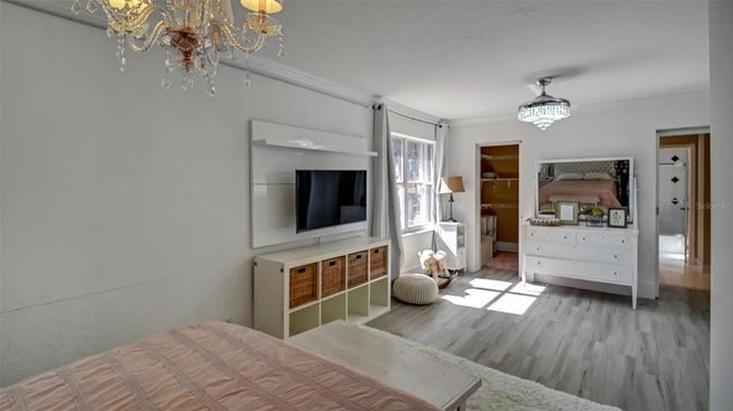 Bedroom, Chandelier, Interior, Wood Texture Flooring