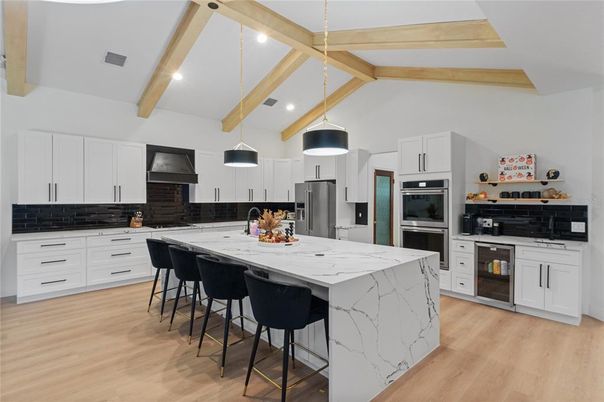 Interior, Kitchen, Pendant Lights, Recessed Lighting, Stainless Steel Appliances, Wooden Beams, Wood Texture Flooring