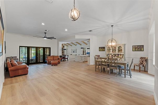 Dining room, Interior, Living room, Pendant Lights, Recessed Lighting, Wood Texture Flooring