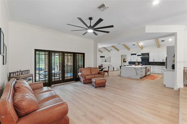 Interior, Kitchen, Living room, Pendant Lights, Recessed Lighting, Wood Texture Flooring