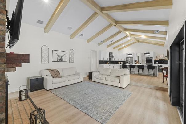 Interior, Kitchen, Living room, Pendant Lights, Stainless Steel Appliances, Wooden Beams, Wood Texture Flooring