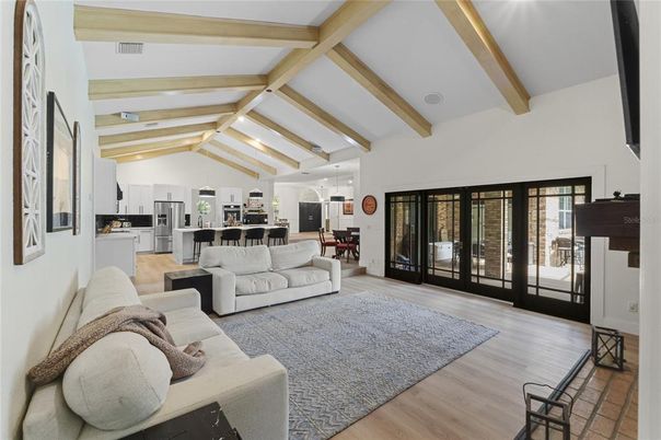 Interior, Kitchen, Living room, Pendant Lights, Wooden Beams, Wood Texture Flooring