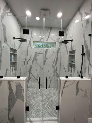 Bathroom, Glass Shower, Interior, Marble Walls, Recessed Lighting