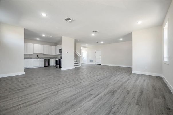 Empty room, Interior, Kitchen, Recessed Lighting, Wood Texture Flooring
