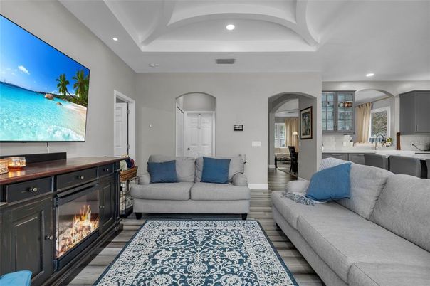 Fireplace, Interior, Living room, Recessed Lighting, Wood Texture Flooring