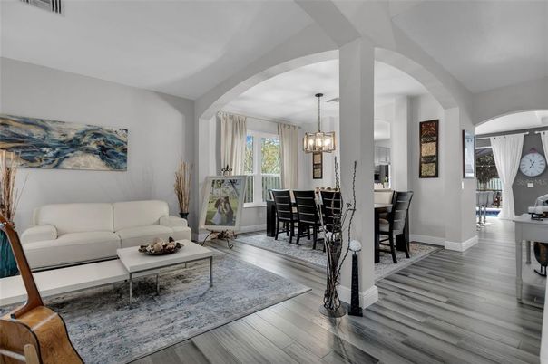 Dining room, Interior, Living room, Pendant Lights, Wood Texture Flooring