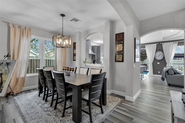 Dining room, Interior, Pendant Lights, Recessed Lighting, Wood Texture Flooring