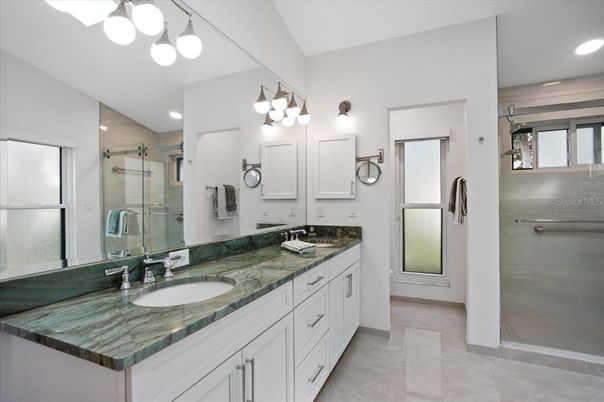 Bathroom, Dual Sink Vanities, Glass Shower, Interior, Recessed Lighting