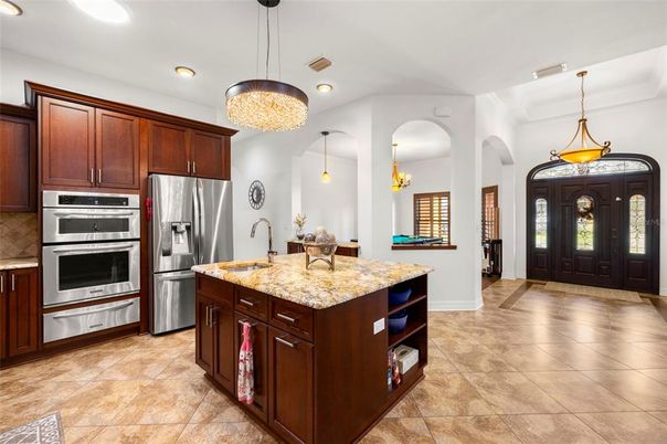 Chandelier, Interior, Kitchen, Pendant Lights, Recessed Lighting, Stainless Steel Appliances