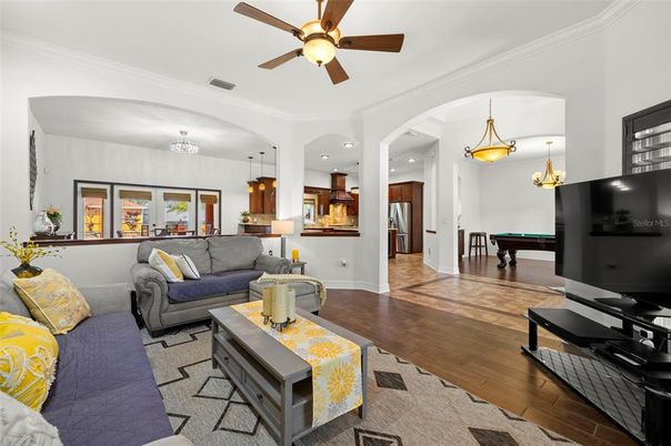 Billiard Table, Game Room, Interior, Kitchen, Living room, Pendant Lights, Recessed Lighting, Wood Texture Flooring