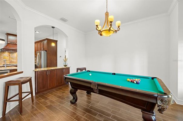 Billiard Table, Chandelier, Game Room, Interior, Wood Texture Flooring