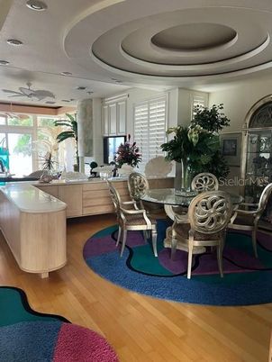Dining room, Interior, Recessed Lighting, Wood Texture Flooring