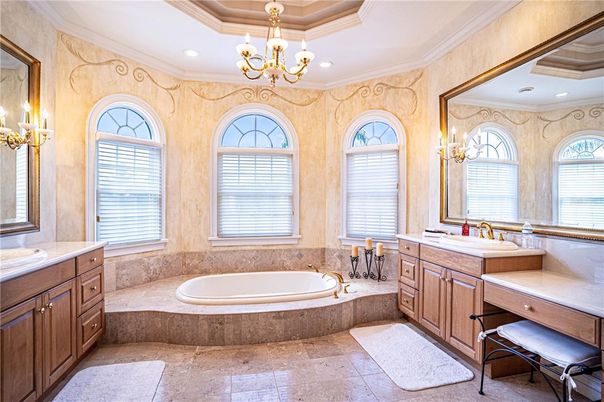 Bathroom, Chandelier, Dual Sink Vanities, Interior, Recessed Lighting