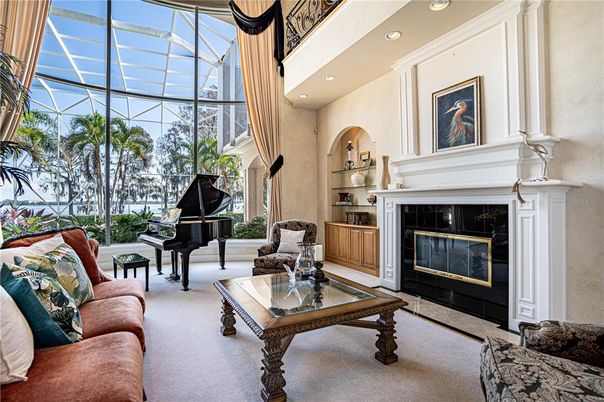 Fireplace, Interior, Living room, Piano, Recessed Lighting, Sun Room