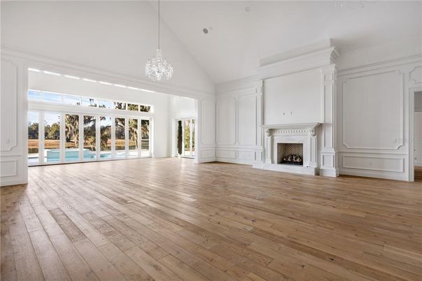 Empty room, Fireplace, Interior, Pendant Lights, Wood Texture Flooring