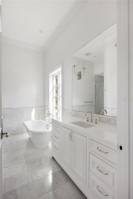 Bathroom, Dual Sink Vanities, Free Standing Baths, Interior, Marble, Recessed Lighting