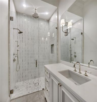 Bathroom, Dual Sink Vanities, Glass Shower, Interior, Recessed Lighting