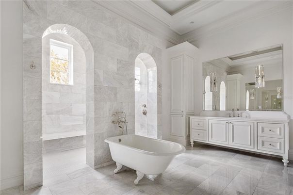 Bathroom, Dual Sink Vanities, Free Standing Baths, Interior, Pendant Lights