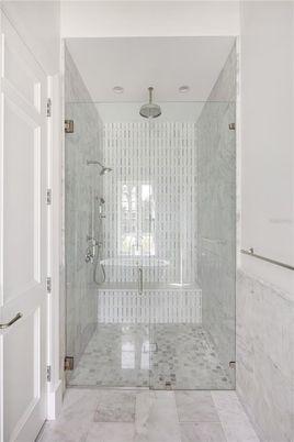 Bathroom, Glass Shower, Interior, Marble, Marble Walls, Recessed Lighting