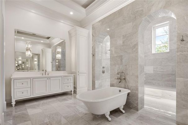 Bathroom, Dual Sink Vanities, Free Standing Baths, Glass Shower, Interior, Pendant Lights, Recessed Lighting