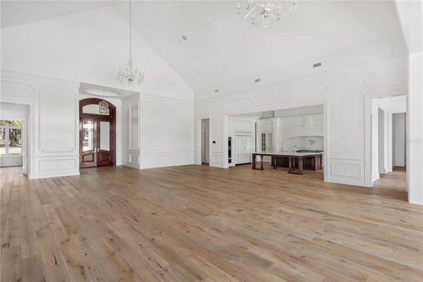 Chandelier, Empty room, Interior, Pendant Lights, Wood Texture Flooring