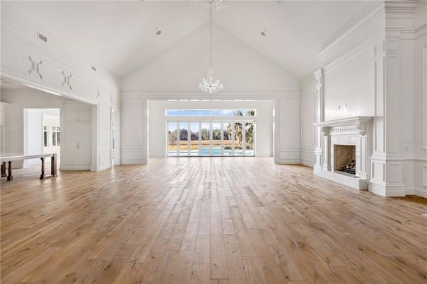 Empty room, Fireplace, Interior, Pendant Lights, Wood Texture Flooring