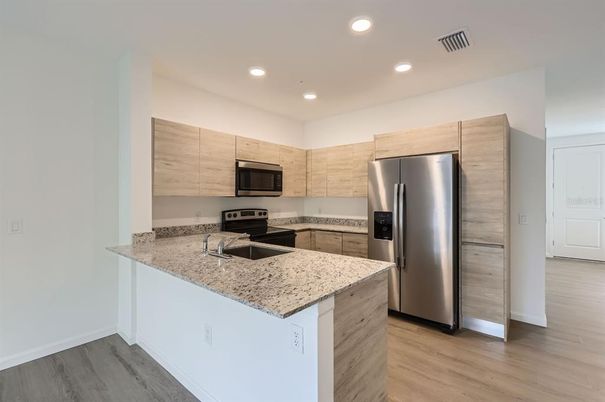 Interior, Kitchen, Recessed Lighting, Stainless Steel Appliances, Wood Texture Flooring