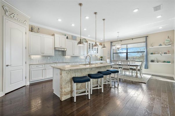 Dining room, Interior, Kitchen, Pendant Lights, Recessed Lighting, Wood Texture Flooring