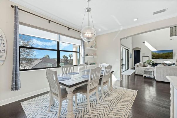 Dining room, Interior, Living room, Pendant Lights, Recessed Lighting, Wood Texture Flooring