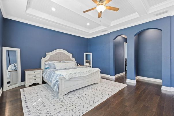 Bedroom, Interior, Recessed Lighting, Wood Texture Flooring